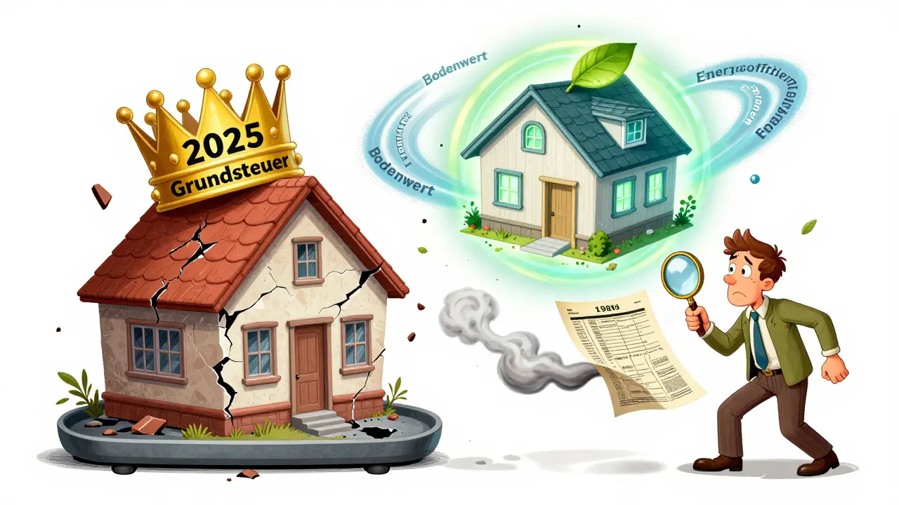 Altes Haus sinkt unter schwerer 2025-Grundsteuer, modernes Haus schwebt mit Energieeffizienz-Halo, Zahlen schweben in kosmischem Stil.