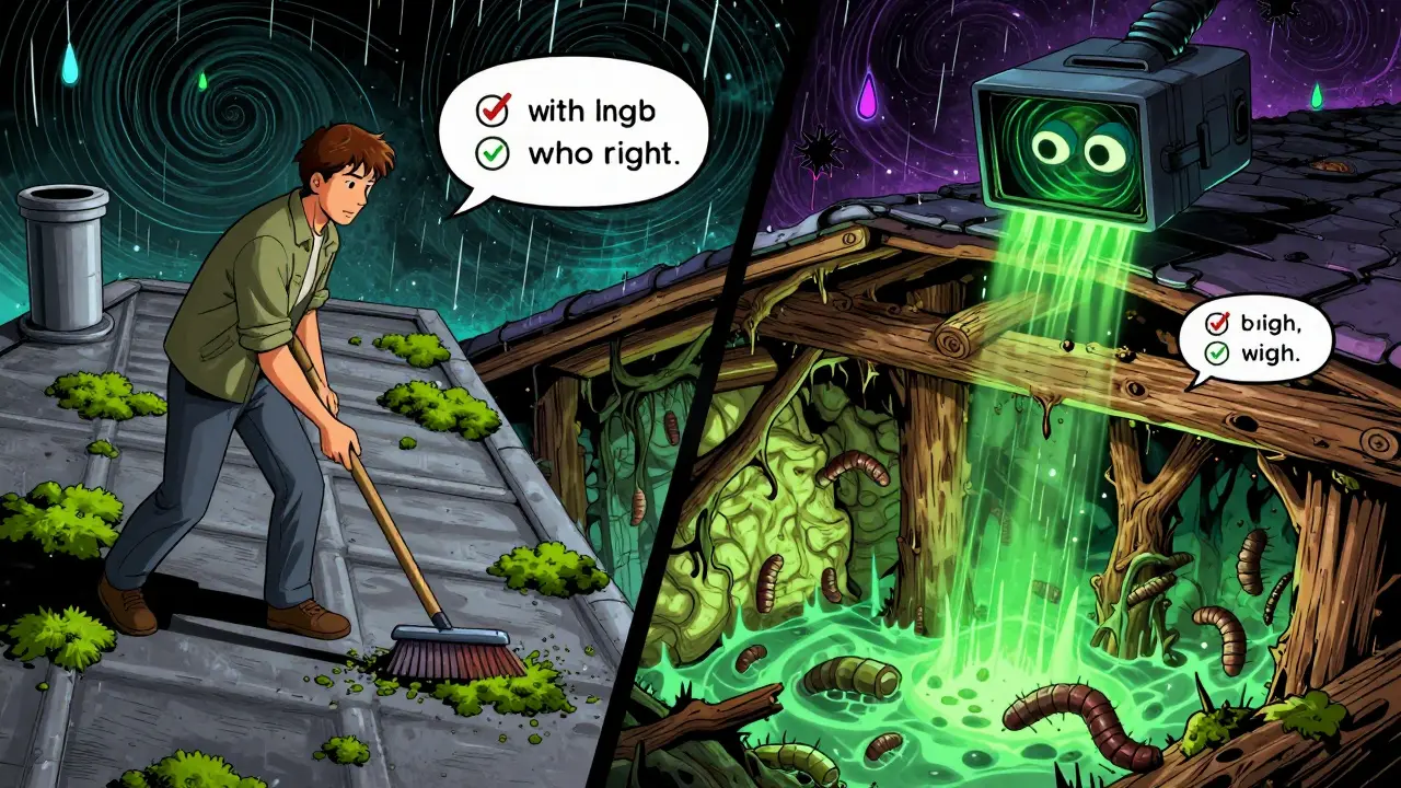 Aufgesplittete Szene: Jemand entfernt Moos vom Flachdach, darunter entsteht ein versteckter Schadens-Teufelskreis aus Fäulnis und Schimmel.