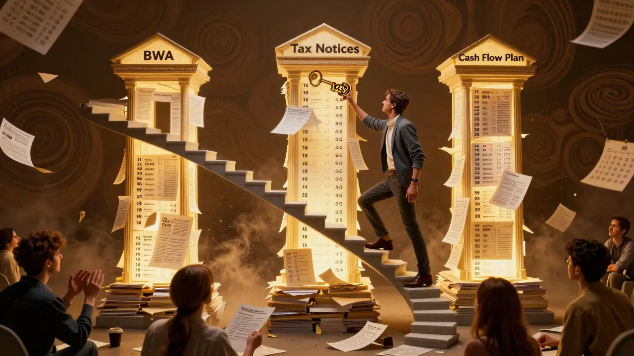 Drei Säulen der Kreditwürdigkeit mit einer Person, die zu einem KfW-Schlüssel hinaufsteigt.