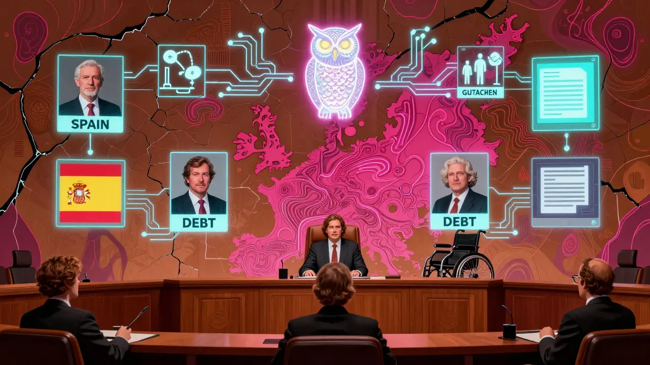 Ein digitales Erbverfahren mit holographischen Erben und einer mediativen Eule als zentrales Symbol.