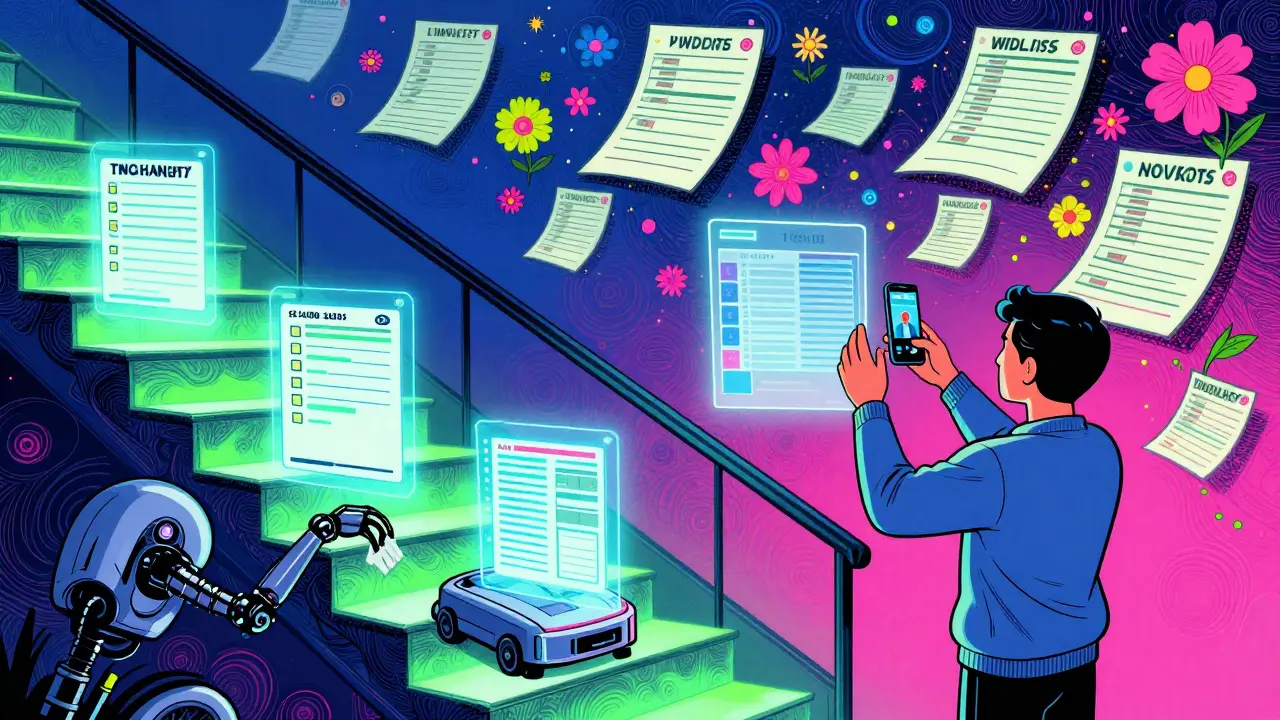 Ein digitales Treppenhaus mit holographischen Checklisten und einem Roboter, der für Transparenz sorgt.