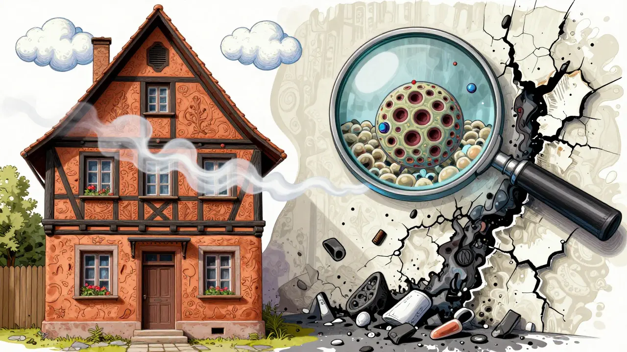 Ein Fachwerkhaus mit lebendigem Lehmputz gegenüber einer reißenden, schimmeligen Kunststofffassade, dargestellt als psychedelische Kontrastszene.