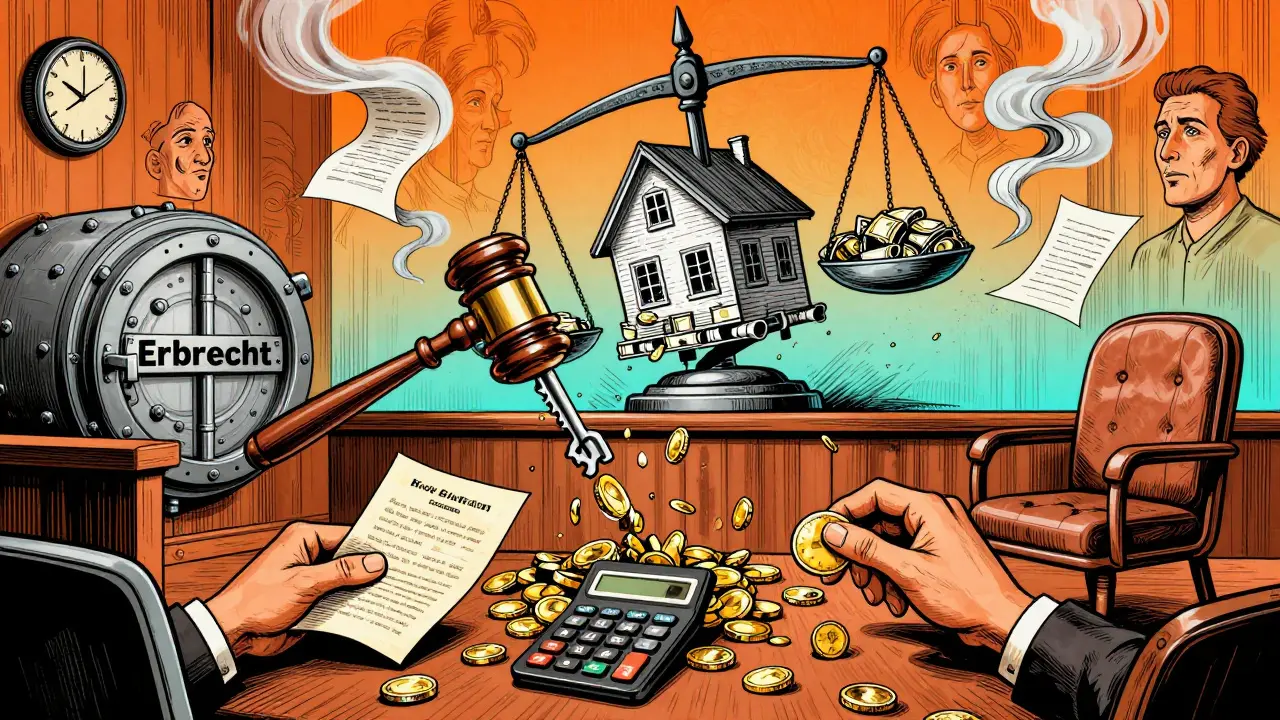 Ein Gerichtssaal, in dem ein Hammerschlag eine Geldschatulle öffnet, während drei Hände unterschiedlich reagieren.