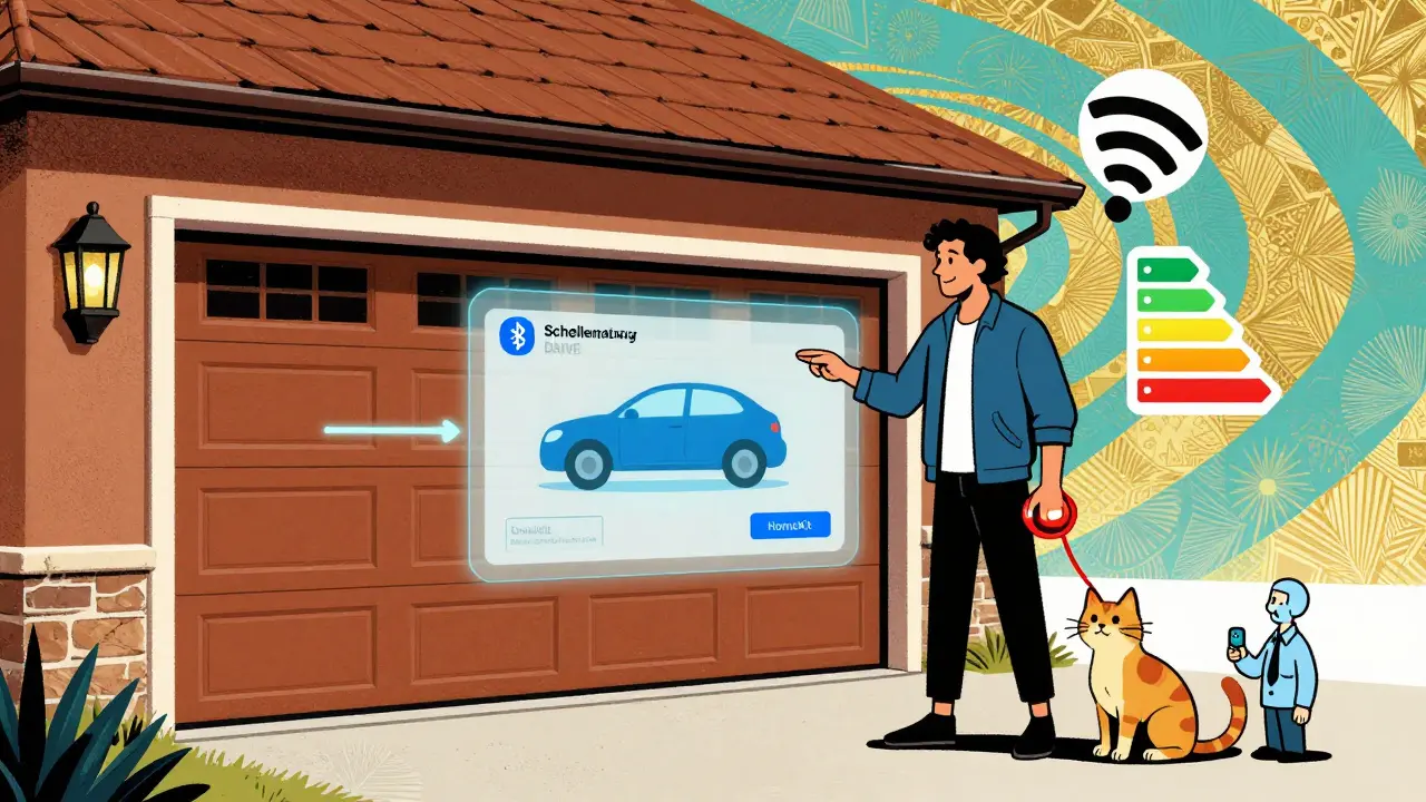 Ein Hausbesitzer steuert sein Garagentor per Sprachbefehl, mit HomeKit-Icon und Notentriegelungskordel.