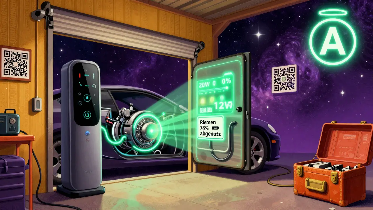 Ein intelligenter Antrieb erkennt Verschleiß, zeigt Energieeffizienz und schwebende Warnsymbole in einem psychedelischen Raum.