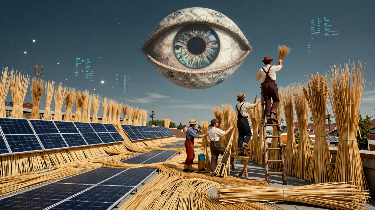Ein Reetdach verwandelt sich in eine Energie-Webstruktur mit getarnten Solarmodulen, während Handwerker es mit historischer Präzision erneuern.