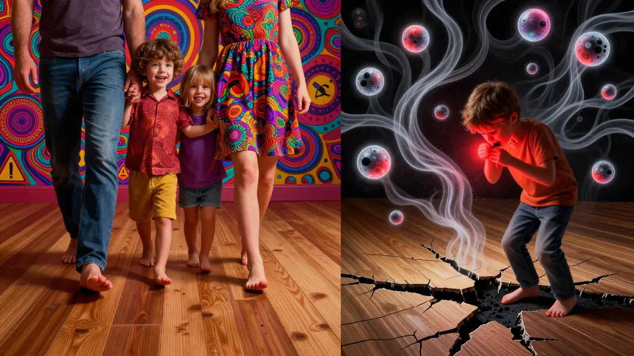 Eine Familie geht auf einem Boden, während unsichtbare Schadstoffe in der Luft schweben.