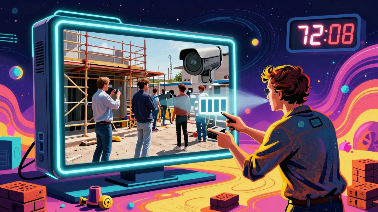 Eine KI-Sicherheitskamera verpixelt automatisch Personen und Fahrzeuge, während Baustellenobjekte scharf bleiben.