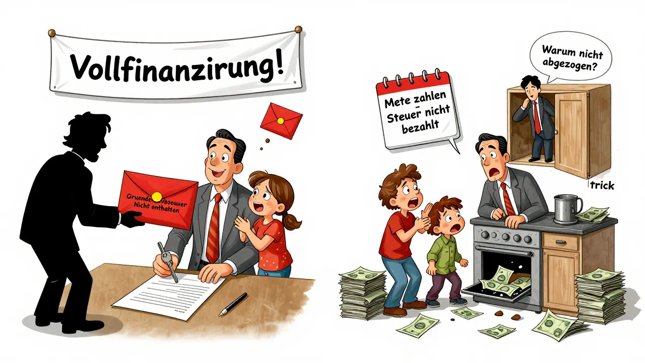 Familie unterschreibt Hausvertrag, Bank hält Grunderwerbsteuer-Envelope zurück, Küche als legaler Ausweg im Hintergrund.