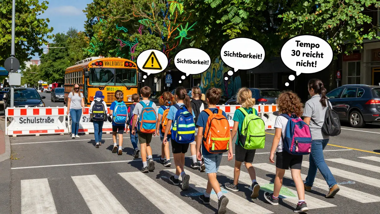 Gruppe von Kindern mit Erwachsenen als Walking Bus, temporäre Sperren blockieren Autos, Reflektoren leuchten in der Sonne.