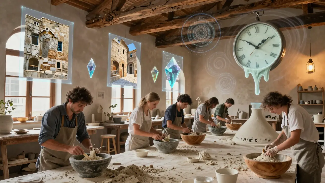 Handwerker mischen Kalkputz mit Tierhaaren, während Hologramme von Denkmalwänden und Aerogelplatten in der Luft schweben.