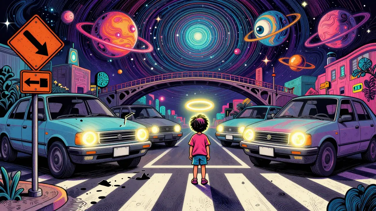 Kind an einer gefährlichen Kreuzung, riesige Autos mit bedrohlichen Scheinwerfern, Reflektoren schweben wie Planeten um den Kopf.