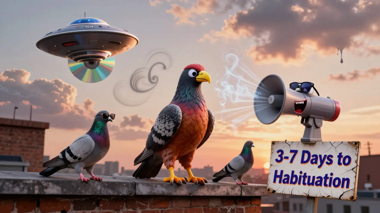 Lachende Tauben, die althergebrachte Abschreckmethoden wie CDs und Plastikraben verspotten.