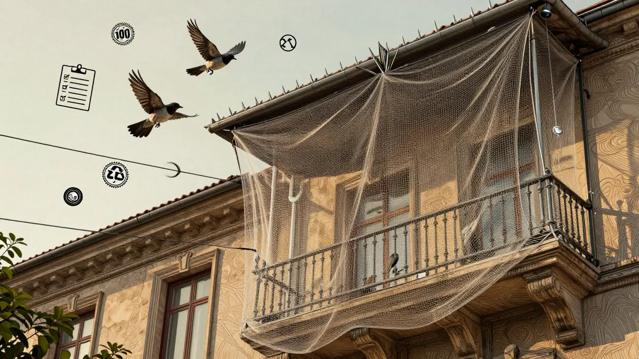 Professionell installierte Vogelschutzsysteme aus Spikes, Netzen und Spanndrähten an einem historischen Gebäude.