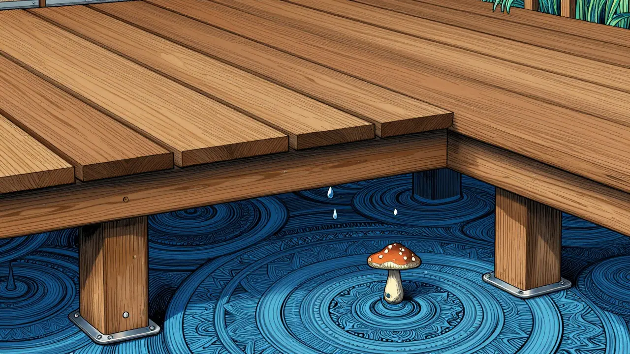 Querschnitt einer Holzterrasse mit Luftzirkulation unter den Latten, stylisiert im Rick-Griffin-Stil.