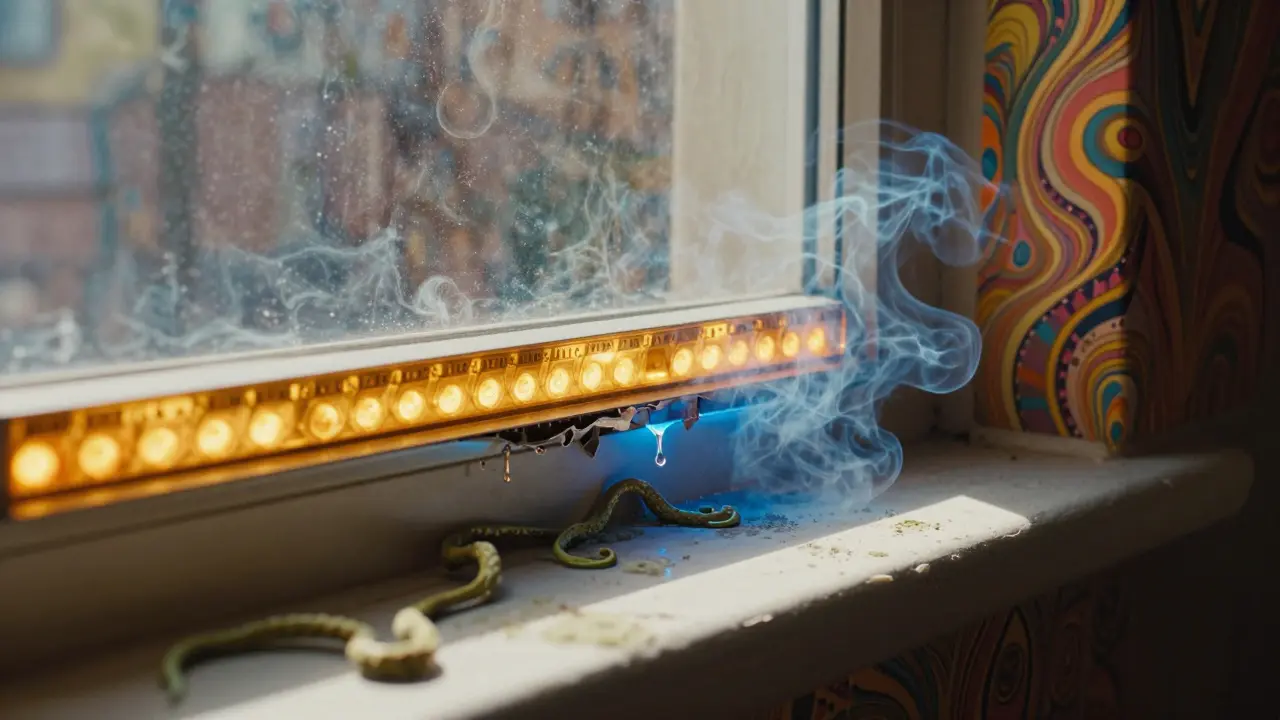 Querschnitt eines Fensterrands mit Wärmebrücke, Kondenswasser und Schimmel, dargestellt in Rick-Griffin-Stil.