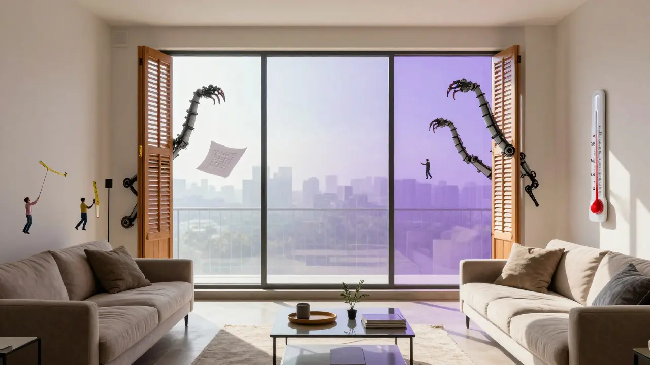 Südfenster mit automatischem Sonnenschutz, der sich bei Hitze absenkt, in farbenfroher, surrealistischer Illustration.