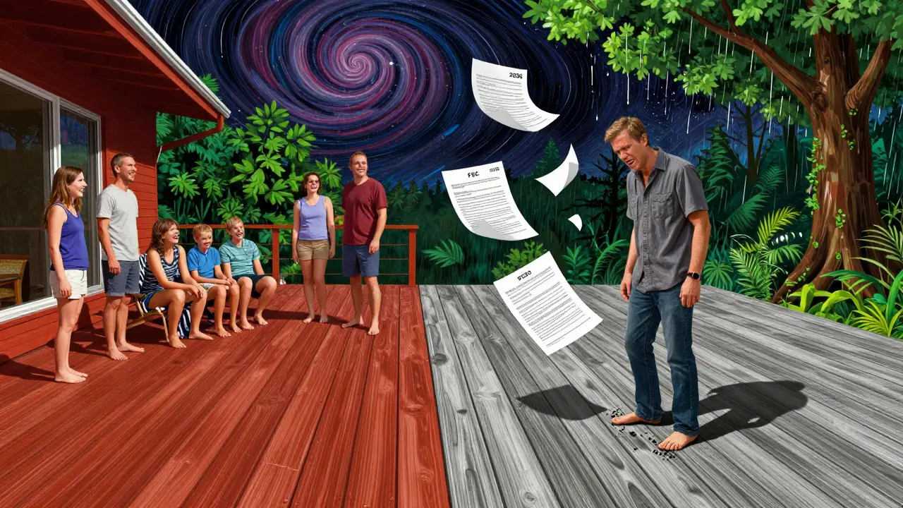 Vergleich: warme Holzterrasse vs. kalte WPC-Platte, mit rechtlichem und ökologischem Symbolismus.