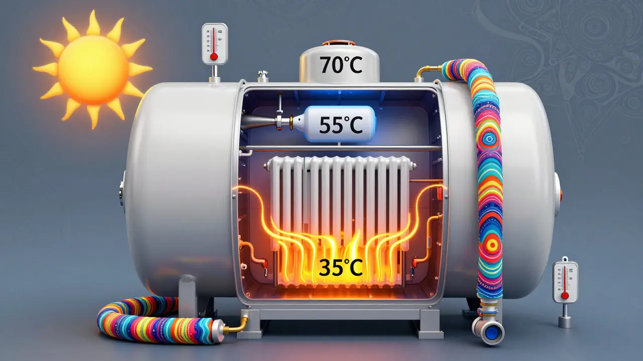 Aufgeschnittener Multizone-Pufferspeicher mit drei Temperaturzonen, umgeben von isolierten Rohren und thermischen Wellen, im Stil psychedelischer Illustration.