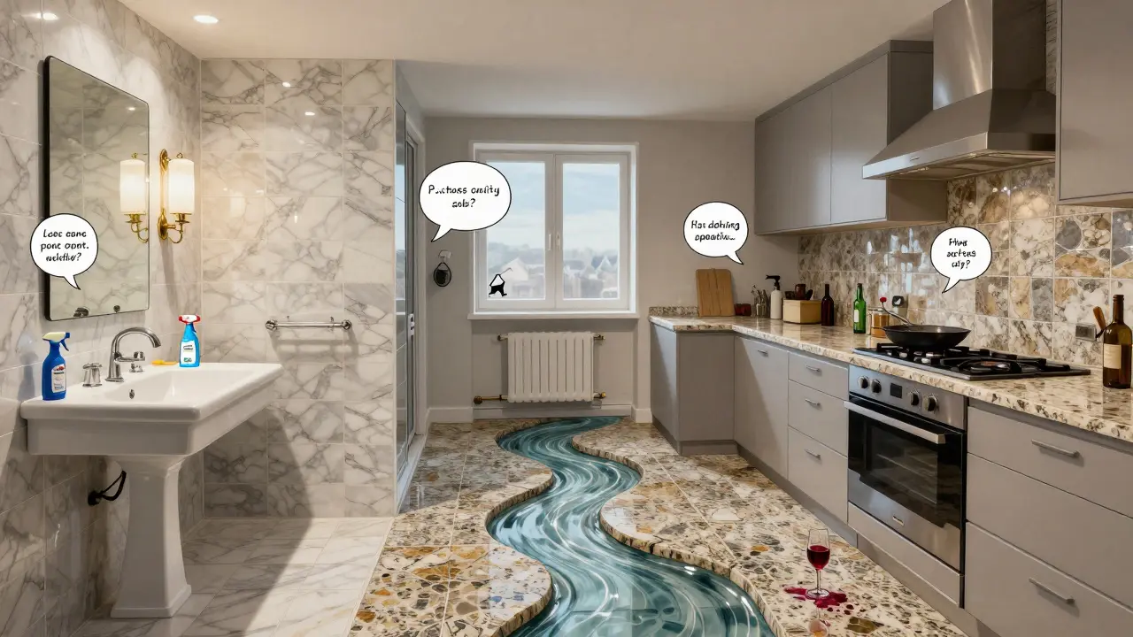 Badezimmer und Küche mit Natursteinfliesen, gezeigt in einem fließenden, künstlerischen Stil mit Pflege-Symbolen.