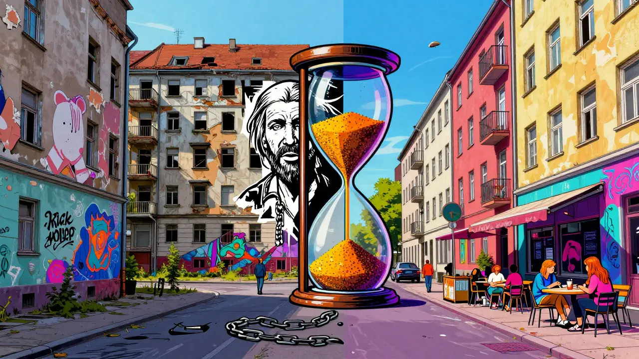 Berlin-Moabit leerstehende Gebäude vs Prenzlauer Berg lebendige Straße. Soziale Trennung sichtbar.