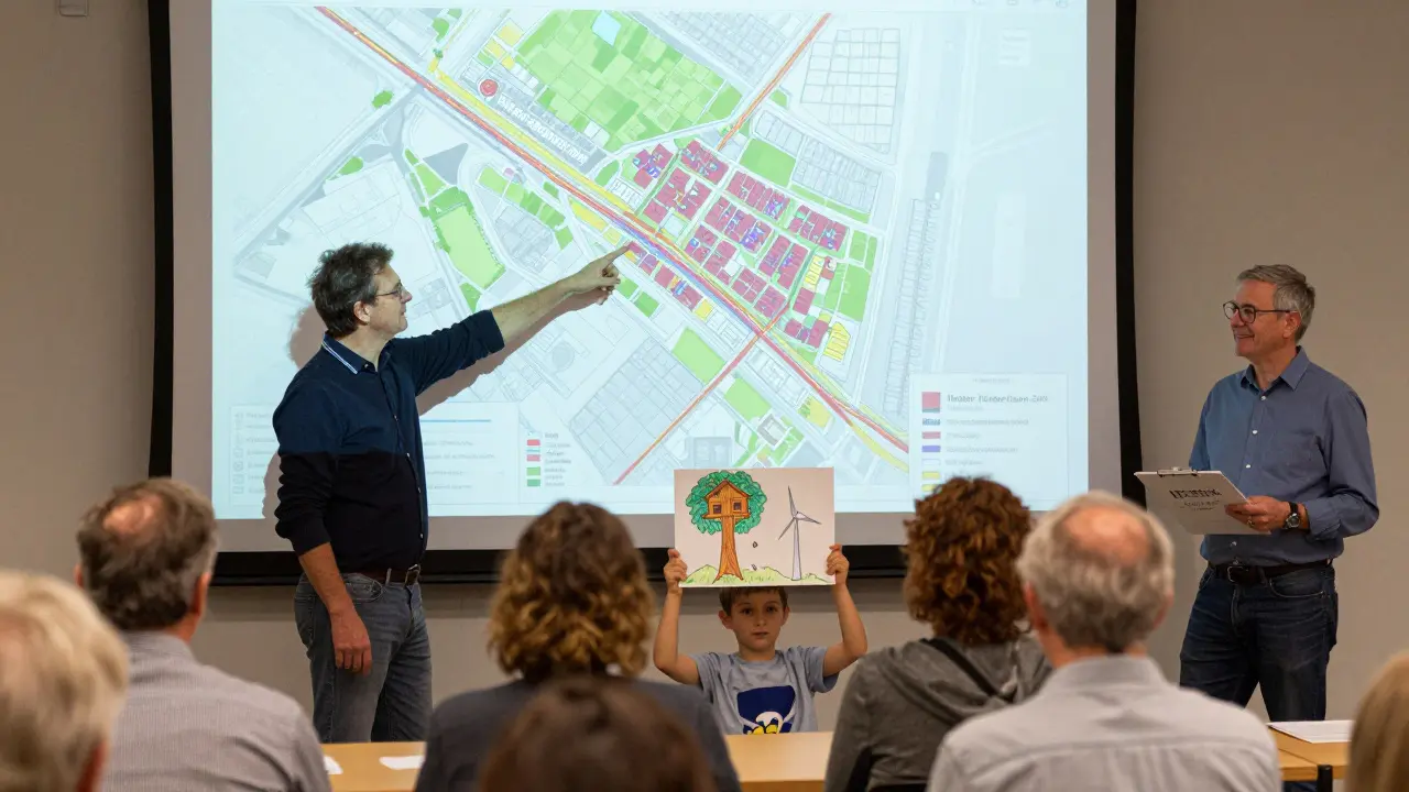 Bürger diskutieren in einem Rathaus eine Stadtentwicklungsplanung mit Karten, Grünflächen und Wohnraumzahlen.