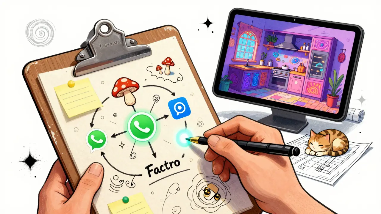 Detailansicht eines beschriebenen Klemmbretts mit handschriftlichen Notizen und digitalen App-Ikonen in einem psychedelischen Stil.