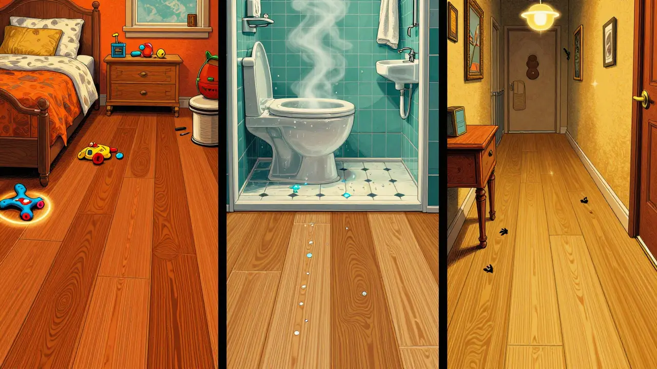 Drei Arten von Vinylböden: HDF-Klick in einem Schlafzimmer, Voll-Vinyl im Badezimmer und SPC-Vinyl in einem Flur mit Haustieren und Möbeln.