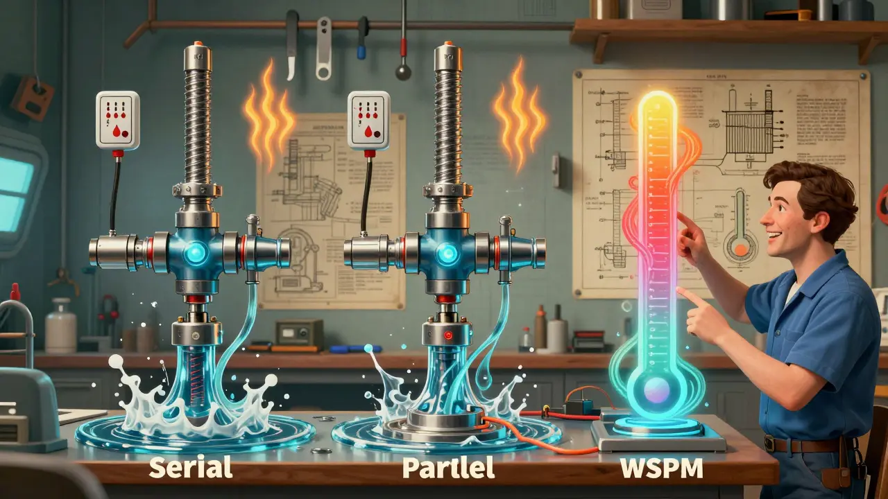Drei hydraulische Anschlussarten in cartoonhafter Darstellung: serien-, parallel- und WPSM-Schema mit strömenden Wasserlinien und Thermometer-Symbolen.