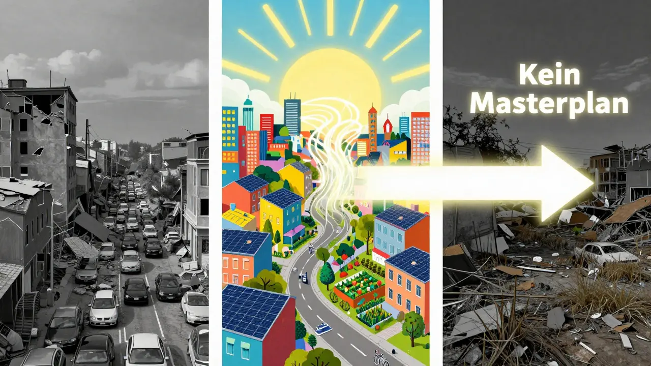 Drei Szenarien der Stadtentwicklung: chaotisch, lebendig und verlassen — vergleichend dargestellt mit künstlerischem Stil.