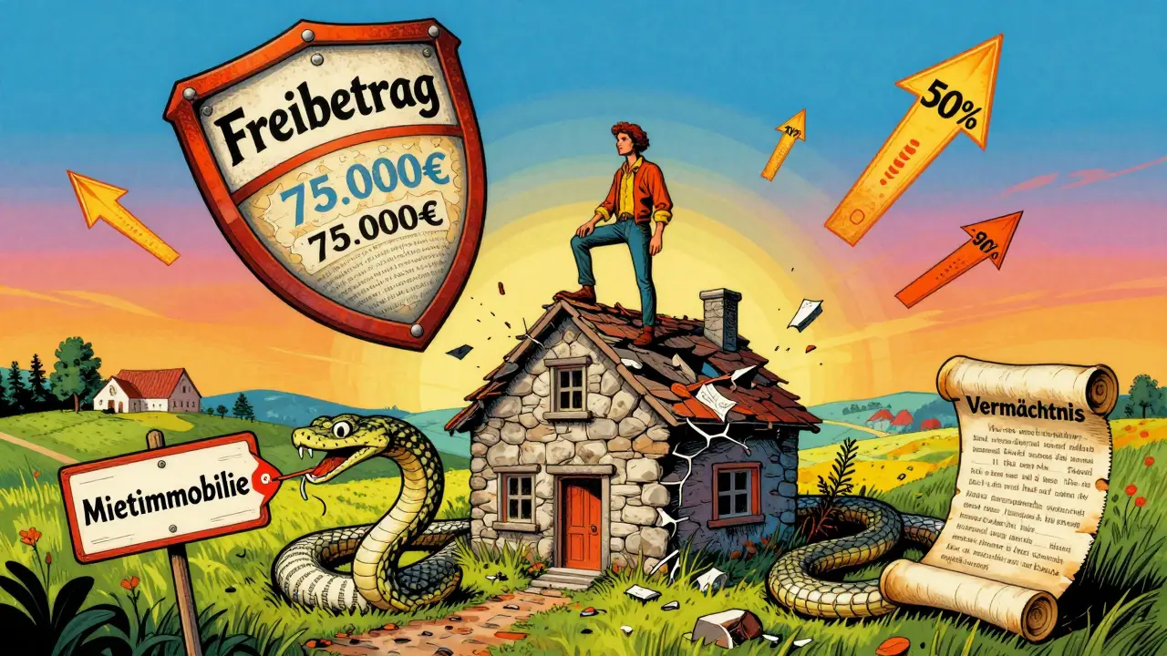 Ein Erbe steht auf einem Haus, das zwischen Deutschland und einem Auslandsland gespalten ist, während ein Schild 'Freibetrag' Schutz bietet.