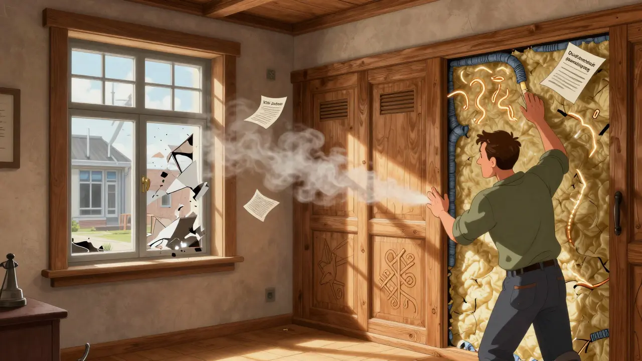 Ein Experte installiert Innendämmung hinter holzverkleideten Wänden in einem historischen Gebäude.