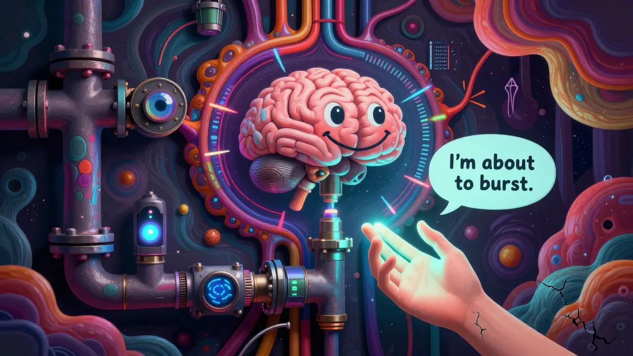 Ein futuristisches Hausrohrsystem mit lebendigen Sensoren, das eine bevorstehende Schadensquelle erkennt und stoppt.