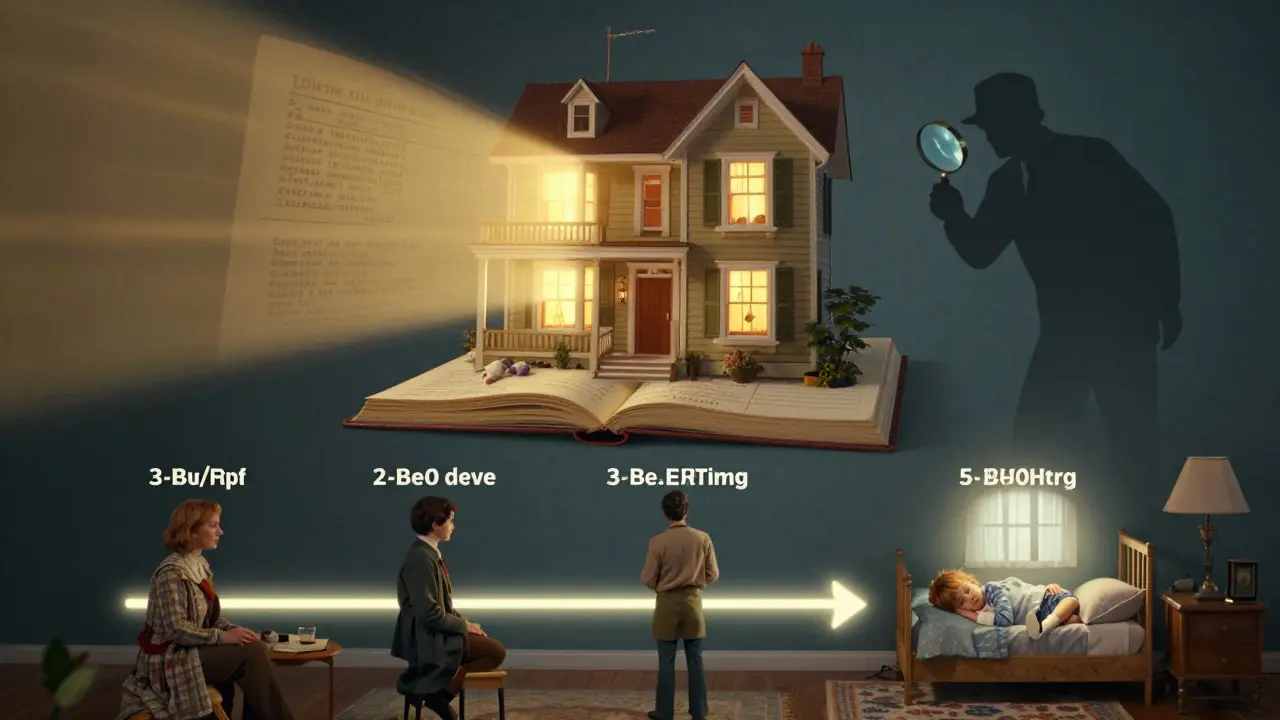 Ein geerbtes Haus strahlt Licht aus, während dokumentierte Renovierungen und eine Familie in den letzten drei Jahren darin wohnten, durch leuchtende Linien verbunden sind.