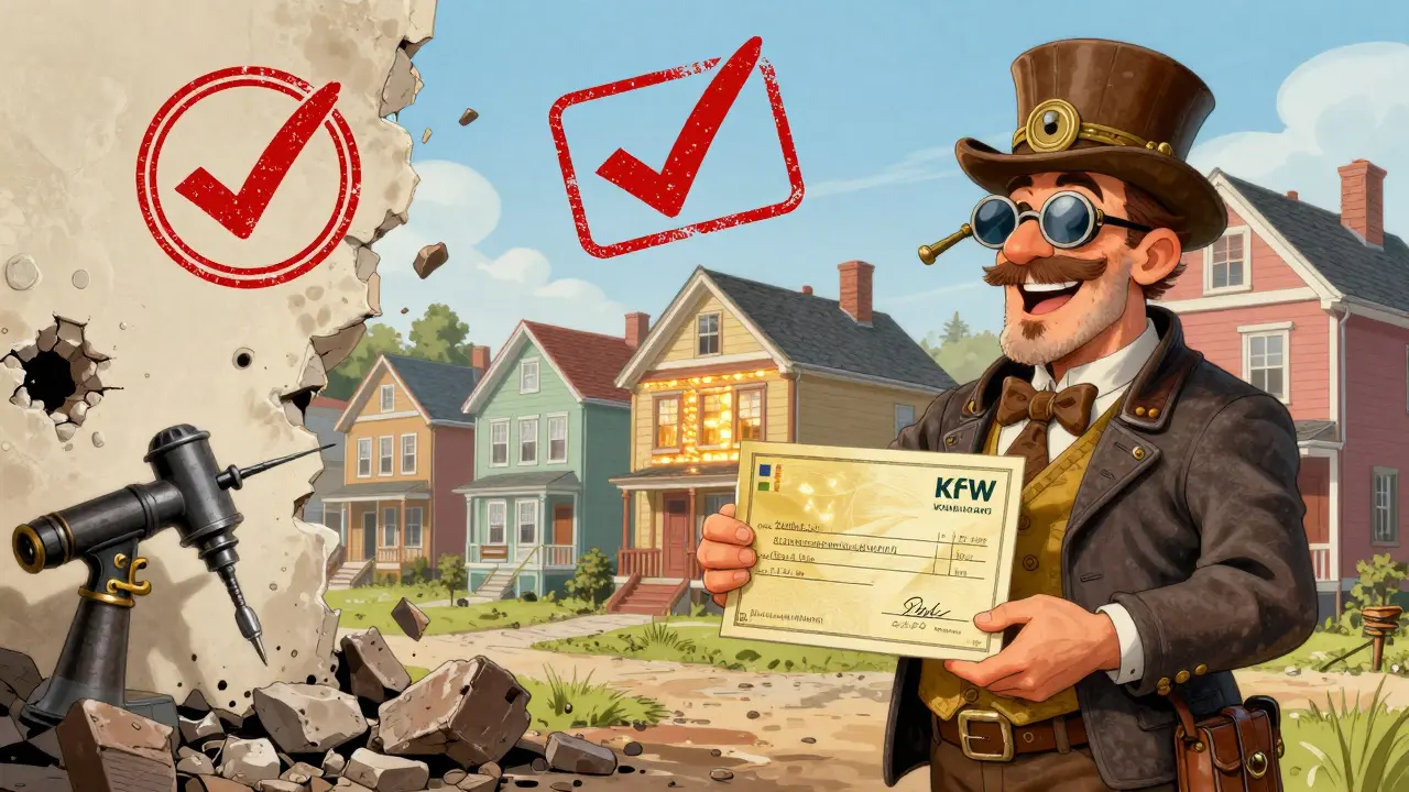 Ein Hausbesitzer erhält einen Förderzuschuss von einem Energieberater, während verbotene Sanierungen zerfallen.