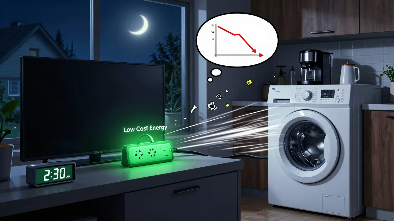 Ein intelligenter Stecker schaltet die Waschmaschine nachts automatisch ein, während Standby-Geräte abgeschaltet werden.