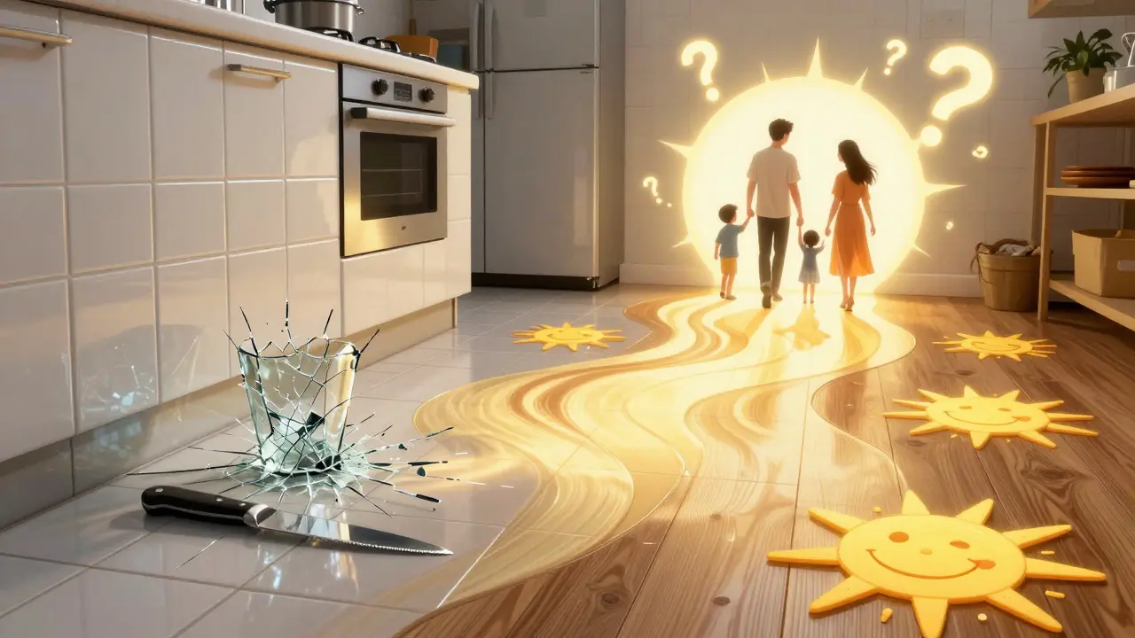 Ein Kontrast zwischen kalten Fliesen und warmem Vinylboden in einer humorvollen, surrealen Küchenszene mit glühenden Symbolen des Komforts.