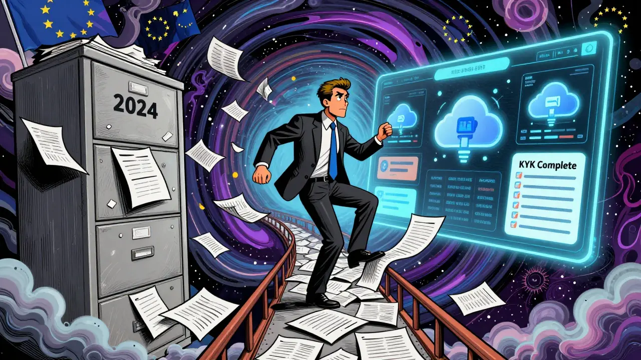 Ein Makler steht auf einem Dokumentenbrücke zwischen chaotischem Papierkram und einem digitalen Compliance-Dashboard.