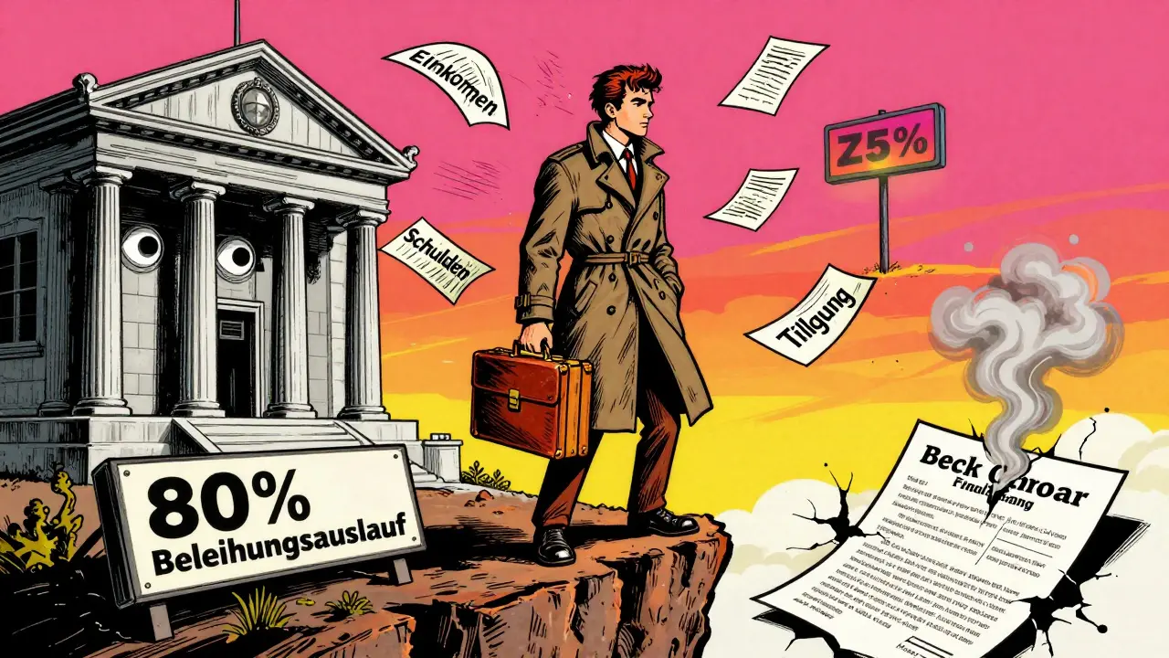 Ein Mann am Rand eines Abgrunds mit 80%-Schild, umgeben von Wind und Dokumenten, eine Bank mit Augen beobachtet ihn.