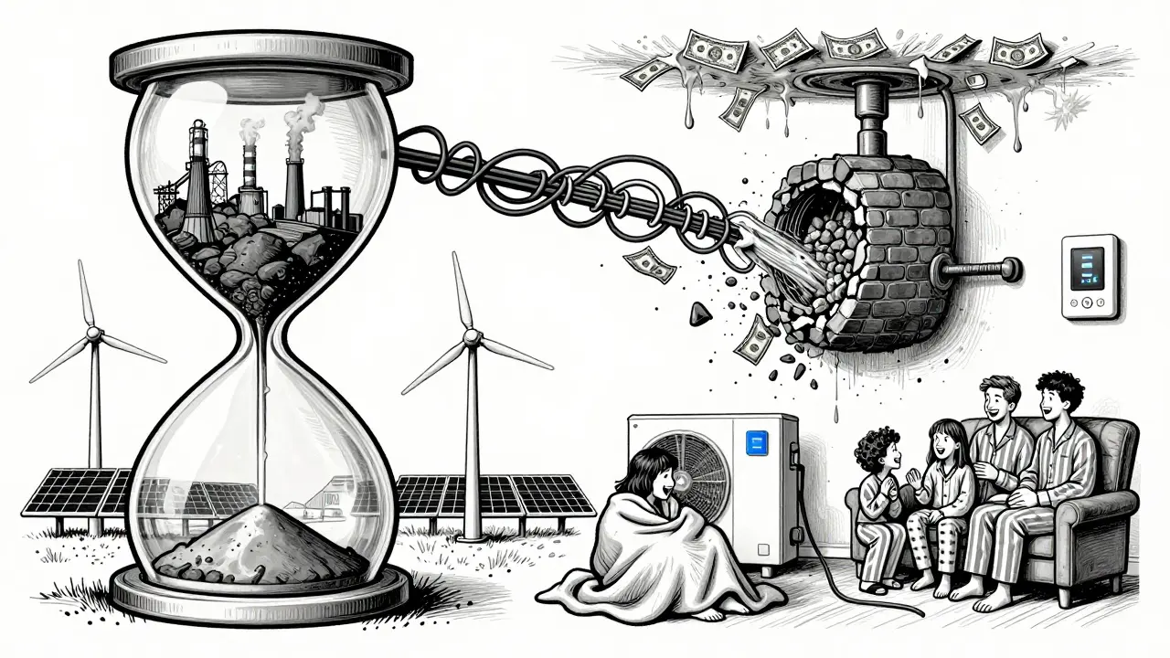 Ein riesiges Sanduhr-Icon zeigt Energieverschwendung links und Effizienz rechts, mit einer Familie, die friert, und einer, die sich wohlfühlt.