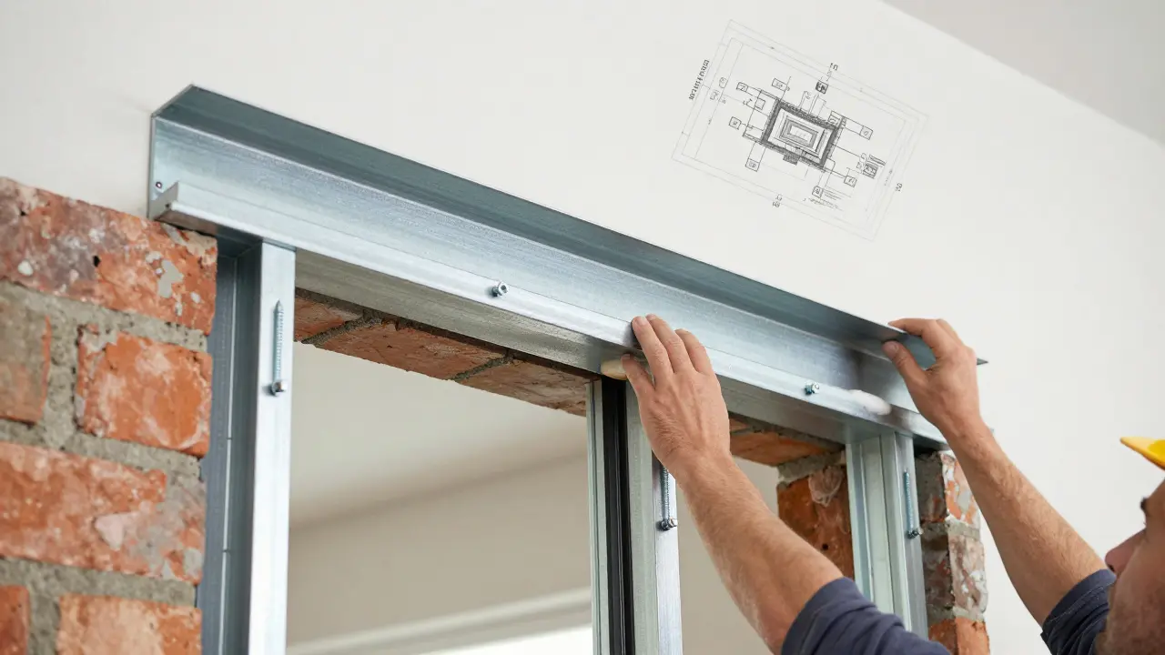 Ein Stahl-Türzargenrahmen wird mit Dämmung und Ankerschrauben in eine Wand eingebaut, drei Spreizen halten ihn stabil.