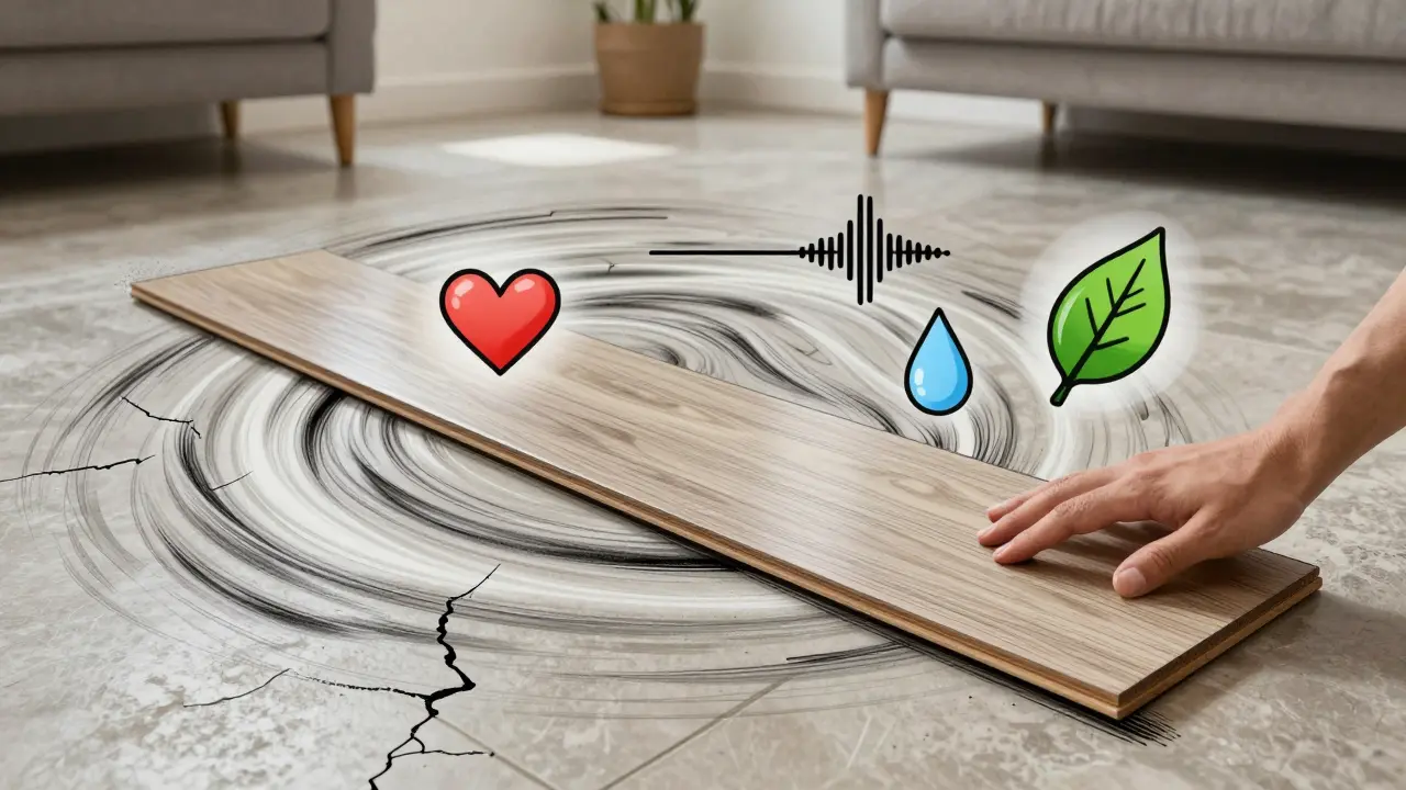 Ein Vinylboden verwandelt sich von alten Fliesen in einen modernen Boden, umgeben von Symbolen für Wärme, Lärmreduzierung, Wasserbeständigkeit und Umweltfreundlichkeit.