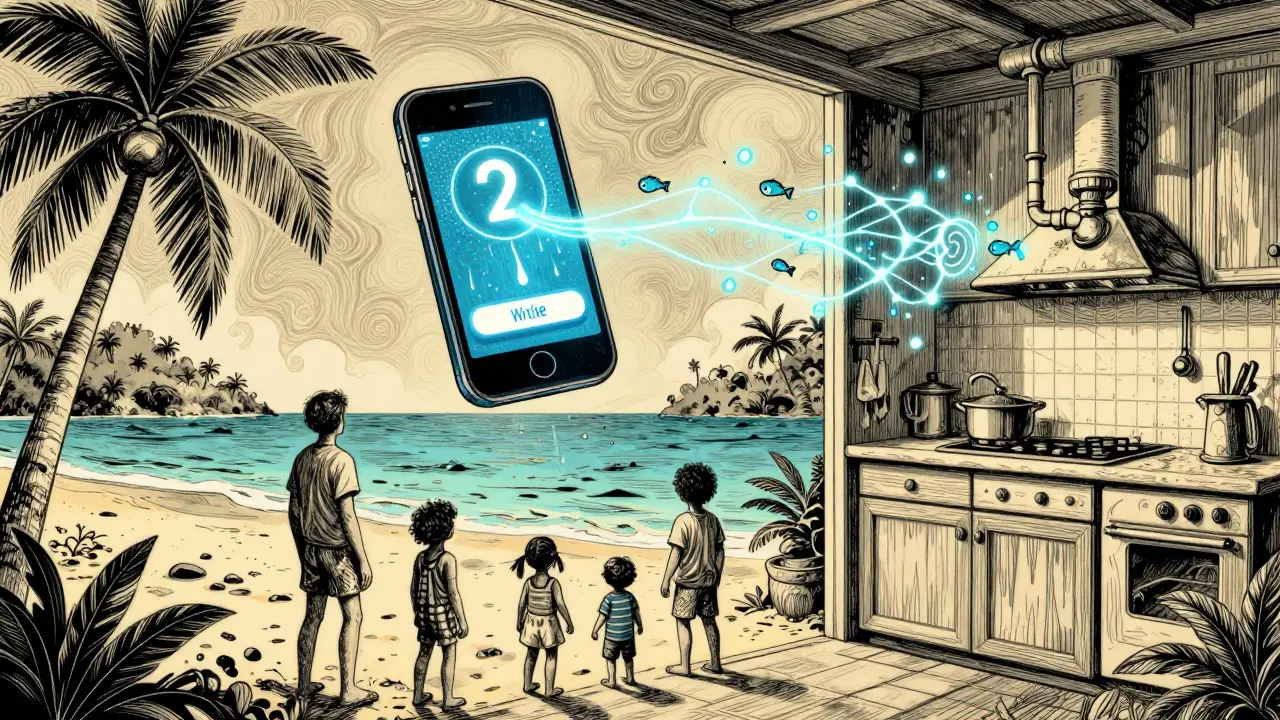 Eine Familie im Urlaub, während ihr Zuhause per Smartphone vor einer Wasserlecks alarmiert wird.