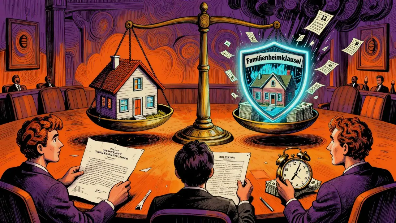 Eine magische Waage wiegt ein Haus gegen Steuern, während ein Schild mit 'Familienheimklausel' es schützt und drei Erben um ein Datum streiten.