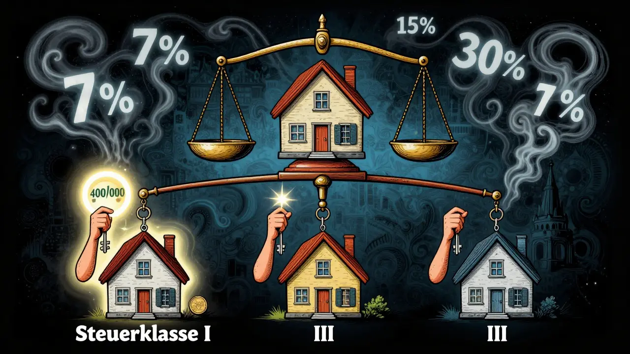 Familienbaum mit drei Steuerklassen, jeder mit einem Hausschlüssel und unterschiedlichem Freibetrag.