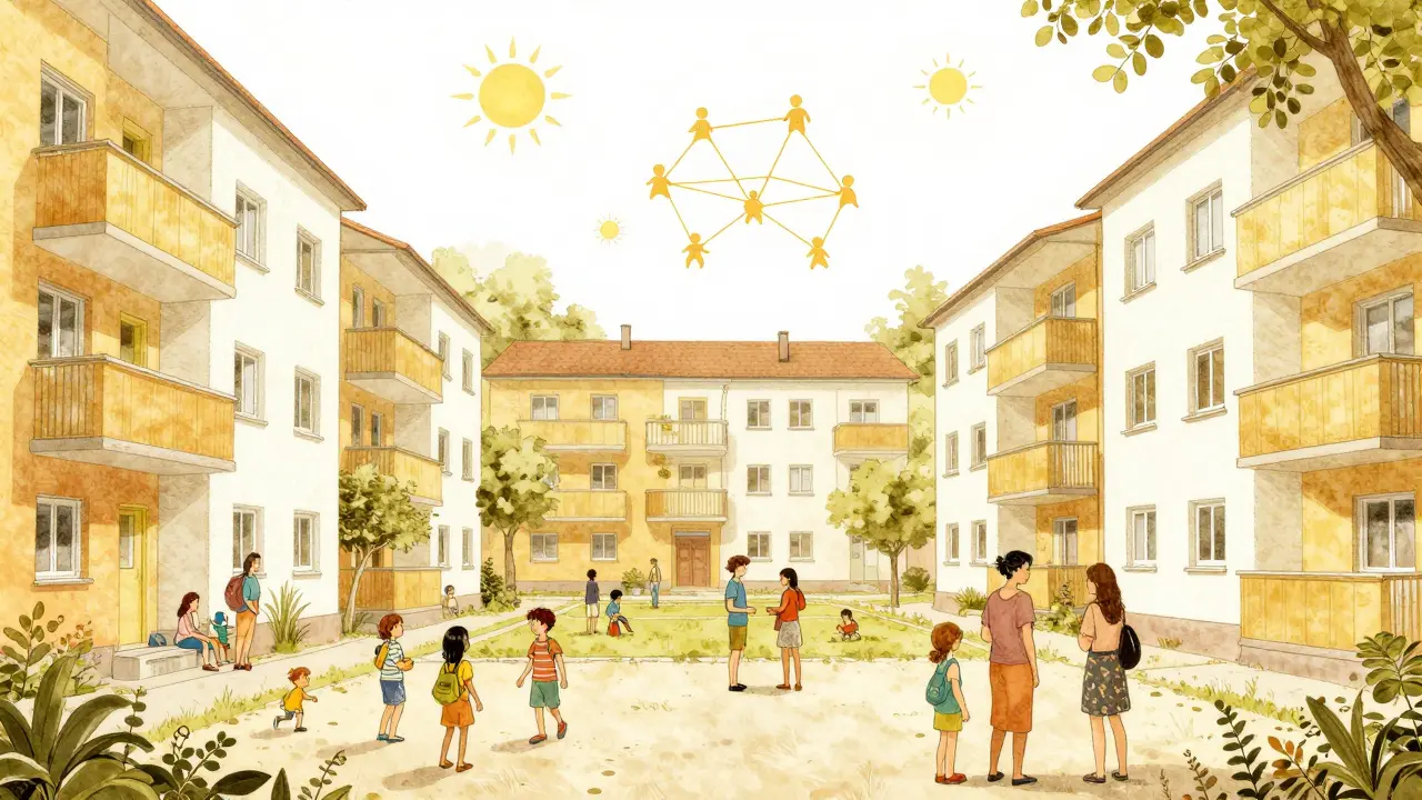 Freiburgs sozialer Wohnbau mit gemischten Bewohnern und Gemeinschaftsgarten.