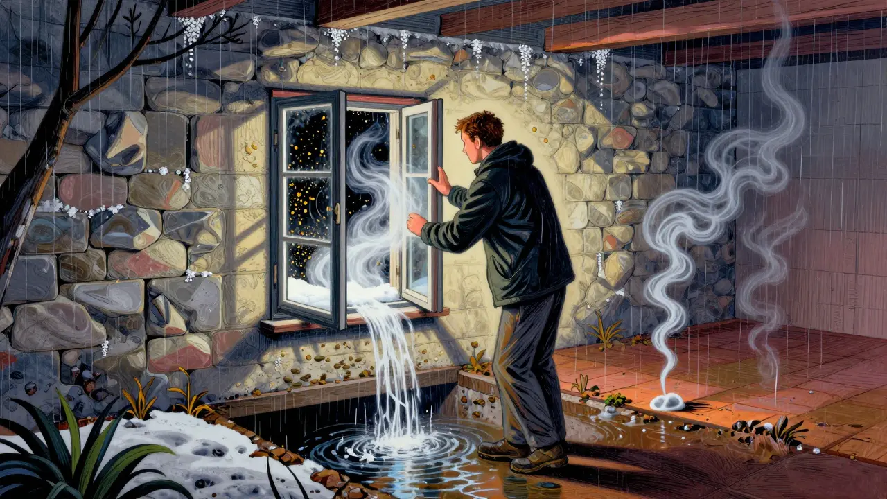 Hausbesitzer öffnet Kellerfenster im Winter, während die Wand trocknet und Salze sich auflösen.