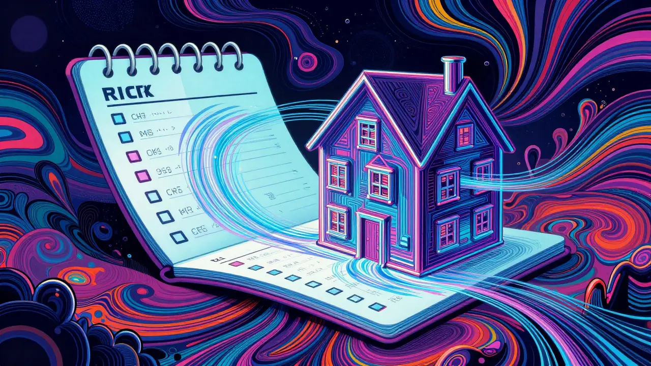 Holografisches Grundbuch mit digitalen Strömen in psychedelischer Landschaft