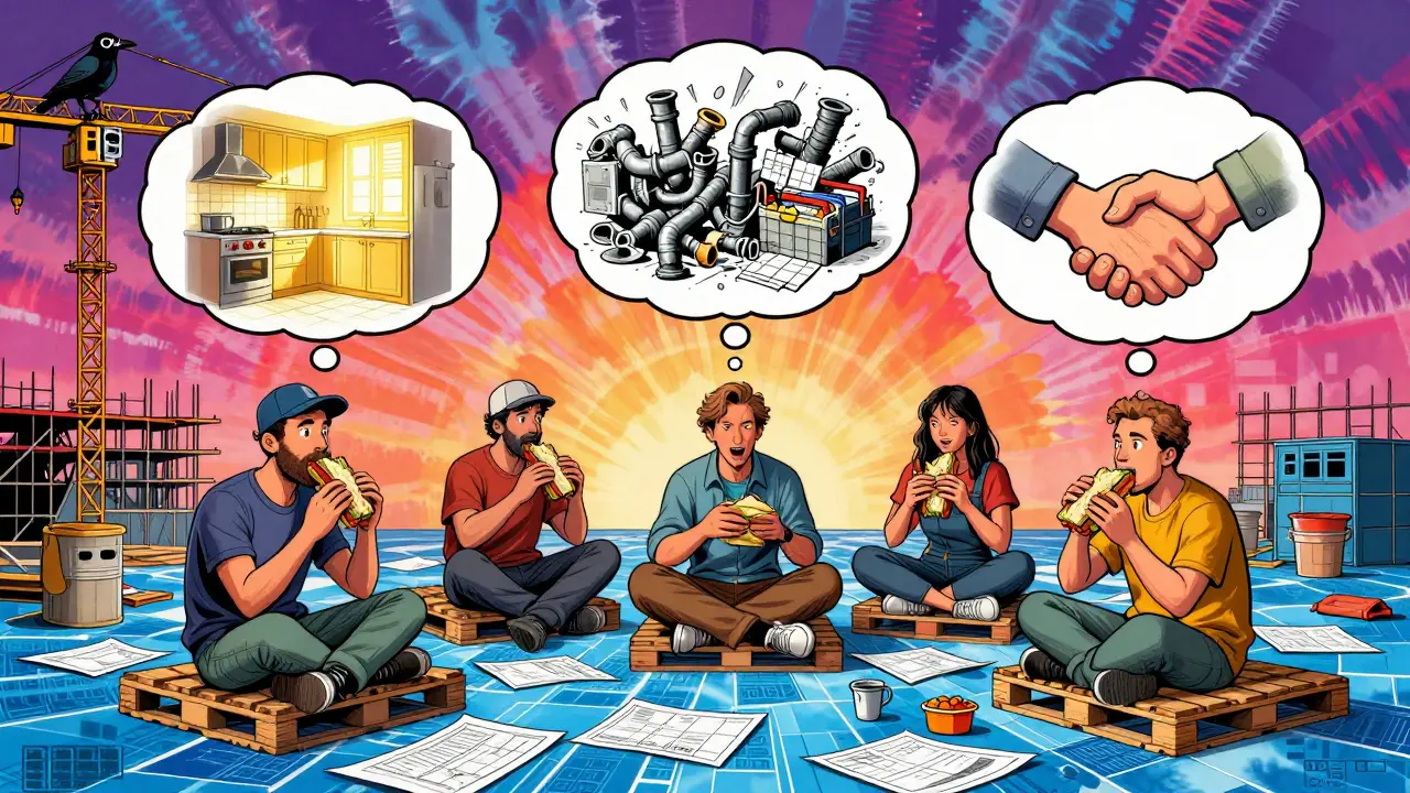 Lunchpausenszene auf der Baustelle mit schwebenden Gedankenblasen, die unterschiedliche Projektvisionen zeigen.