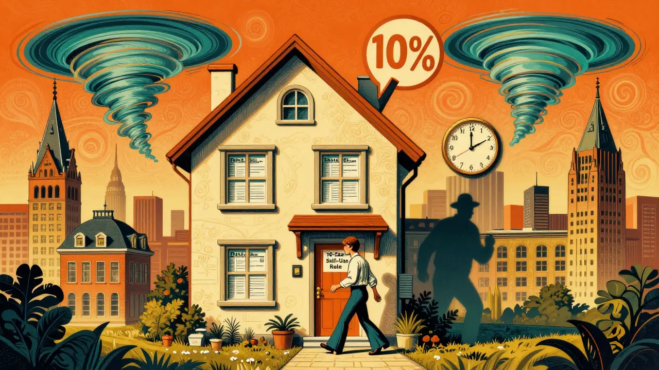 Psychedelische Stadtlandschaft mit Haus, das aus Steuerformen besteht, und 10-Jahres-Regel als Tor.